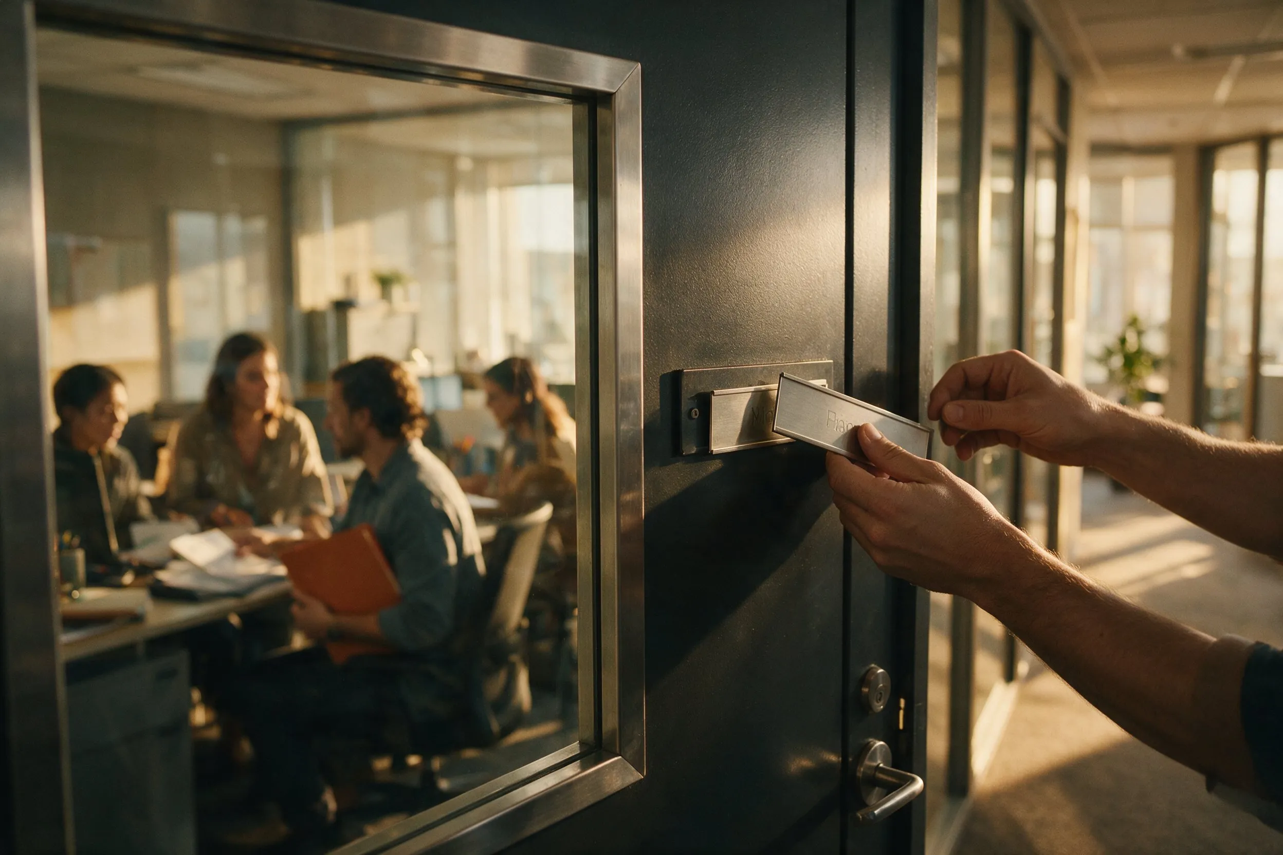 Hands swap an office door nameplate while the team inside keeps working, unbothered, in warm afternoon light.