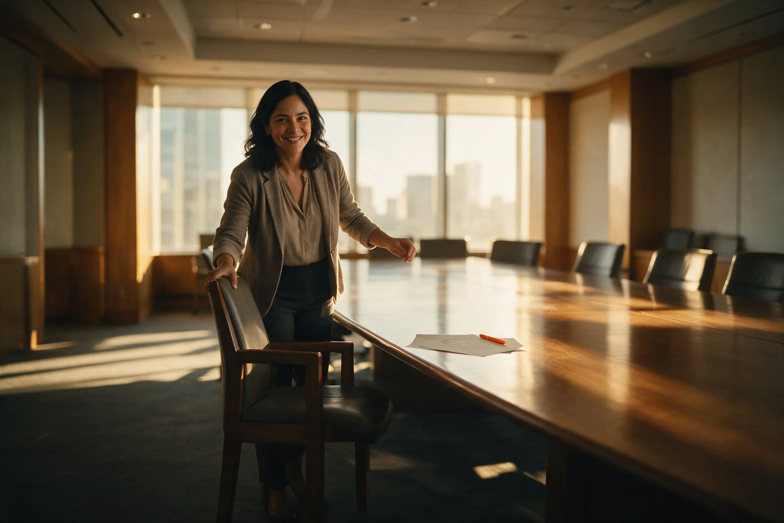 A smiling host stands at the head chair of a long empty boardroom table holding a single printed page and an orange pen.