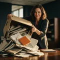 A smiling woman tips a banker's box of worn notebooks and papers onto a desk beside one slim tidy folder.