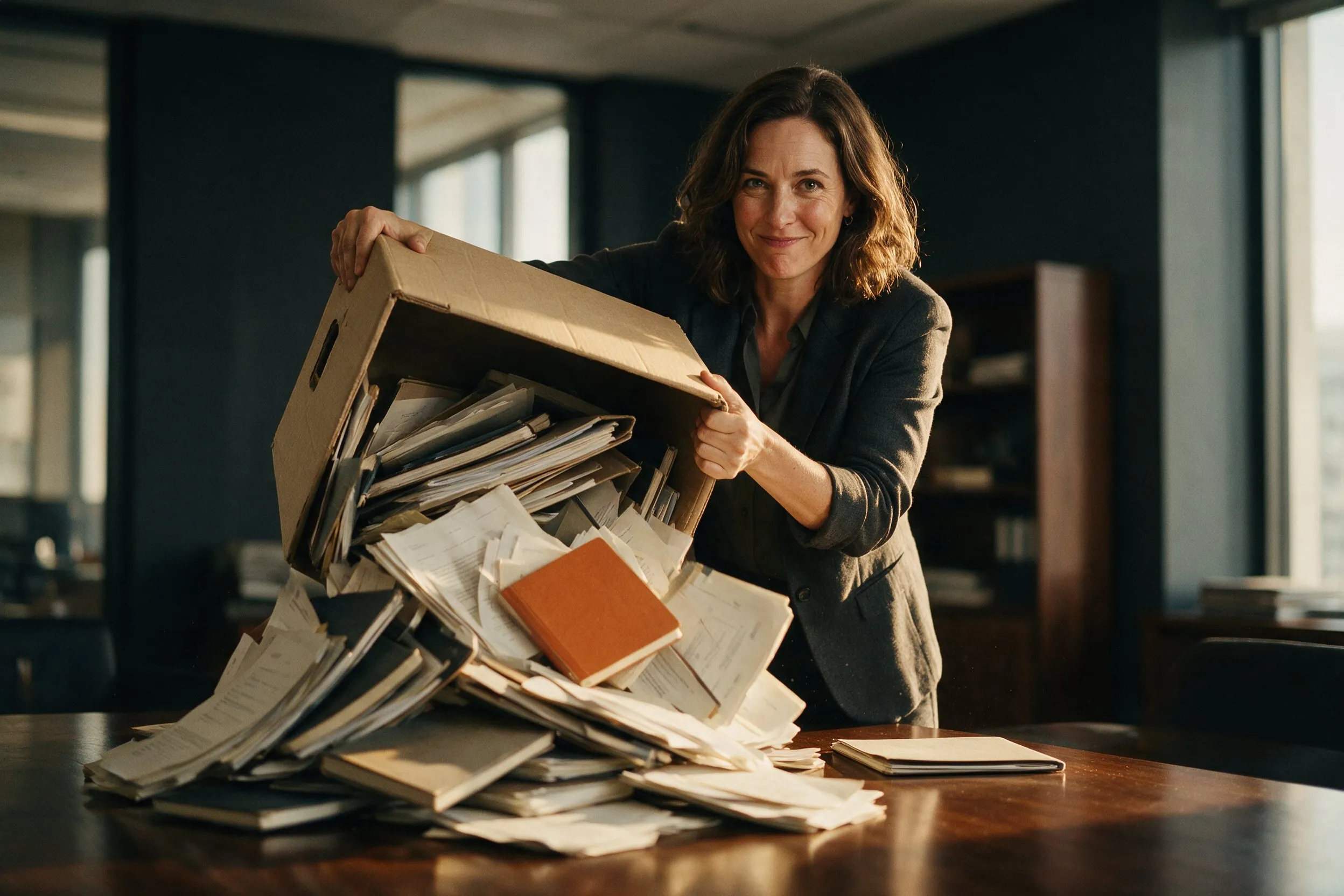 A smiling woman tips a banker's box of worn notebooks and papers onto a desk beside one slim tidy folder.
