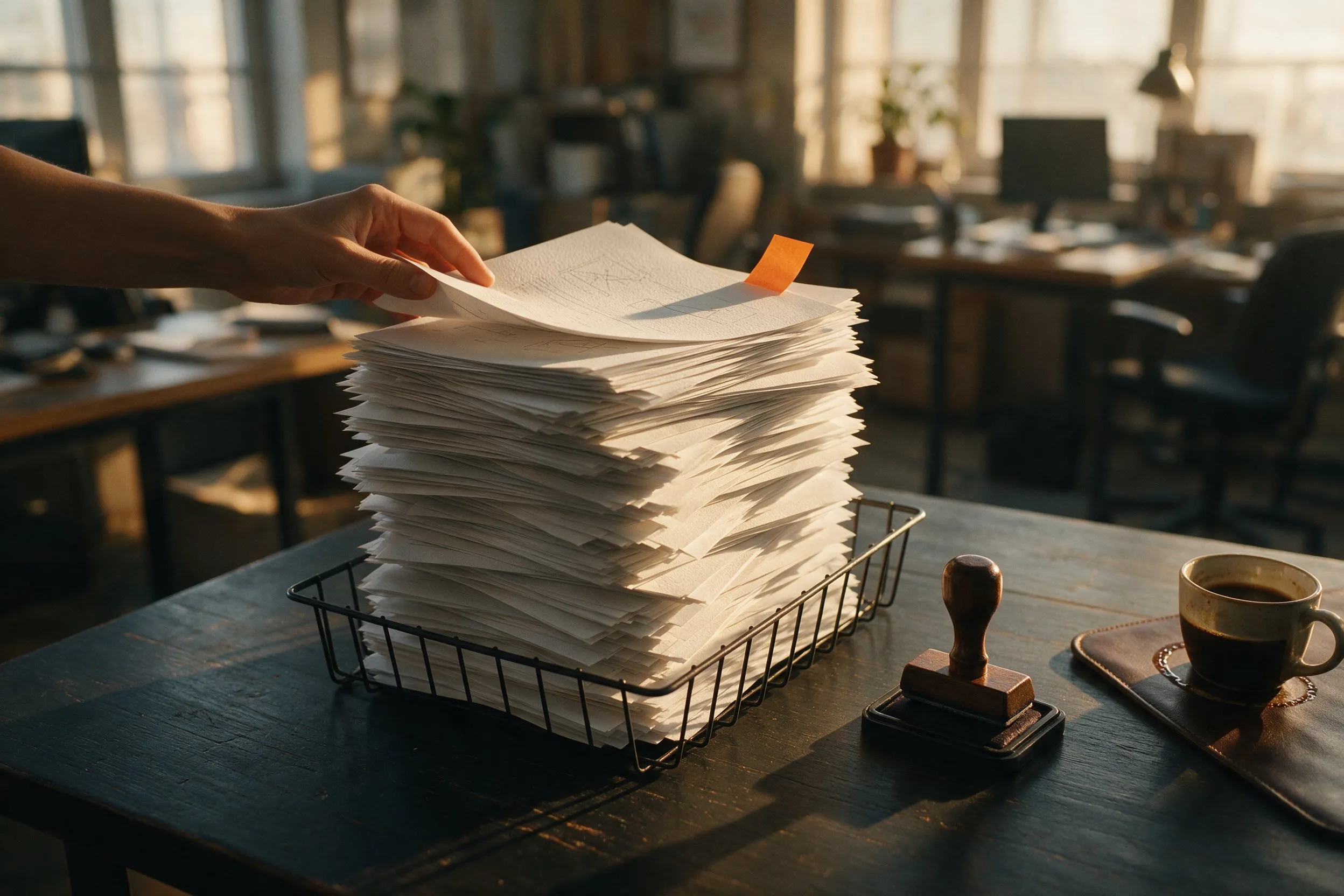 A hand adds one more finished proposal to an overflowing wire tray while a wooden approval stamp rests unused beside it.