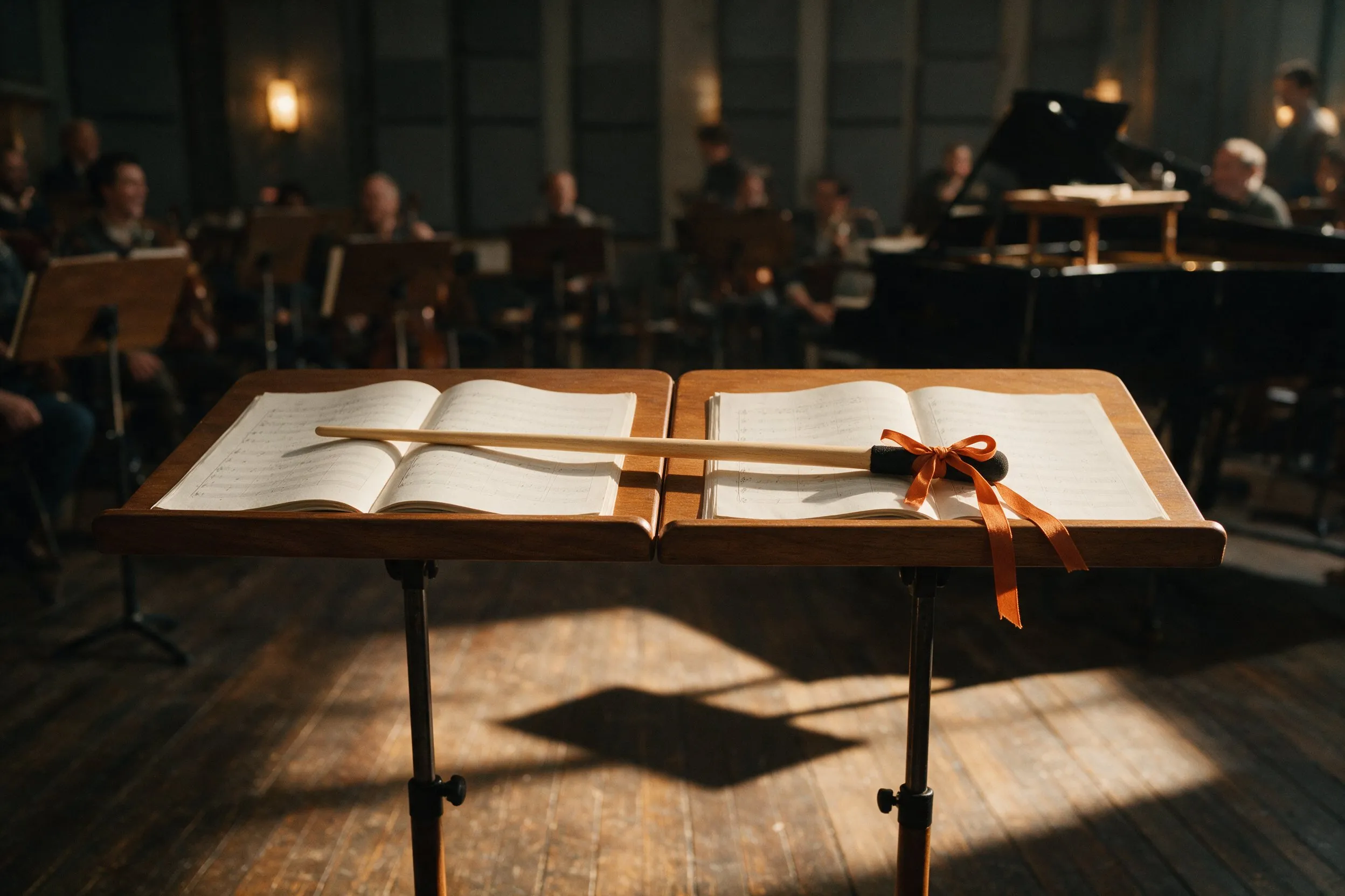 A conductor's baton with an orange ribbon rests across two music stands as an orchestra gathers in the warm background.