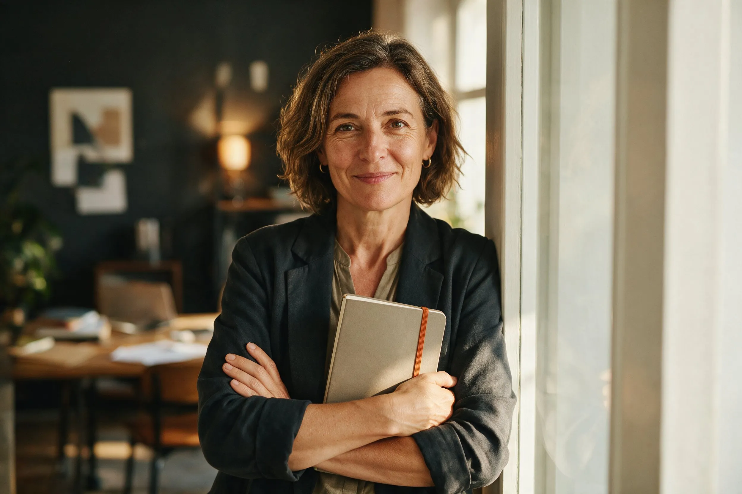 A consultant leans against a bright doorframe, arms folded around a closed notebook, meeting the camera with a patient smile.