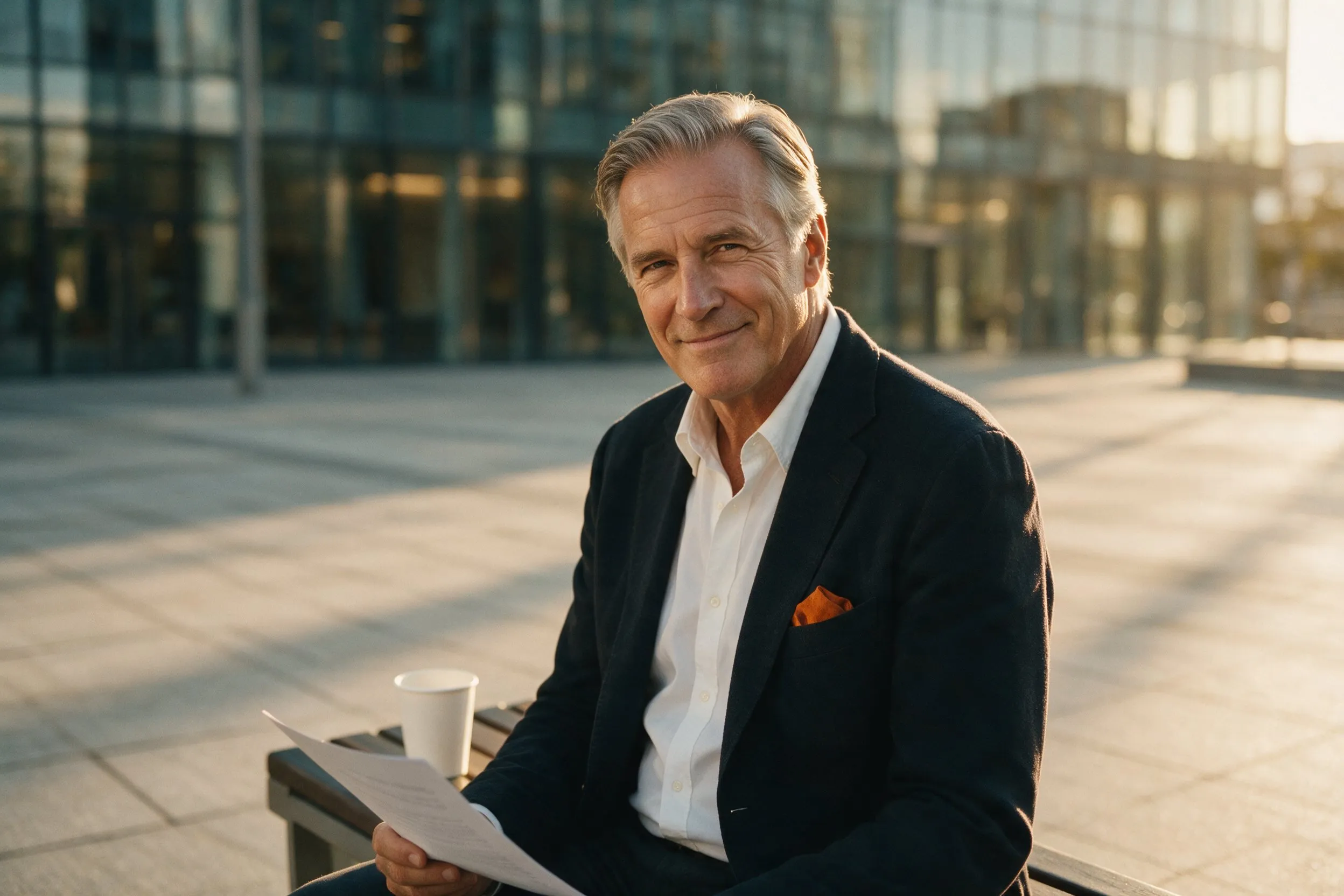 A silver-haired executive on a plaza bench at golden hour meets the camera with a calm, knowing half-smile, coffee beside him.