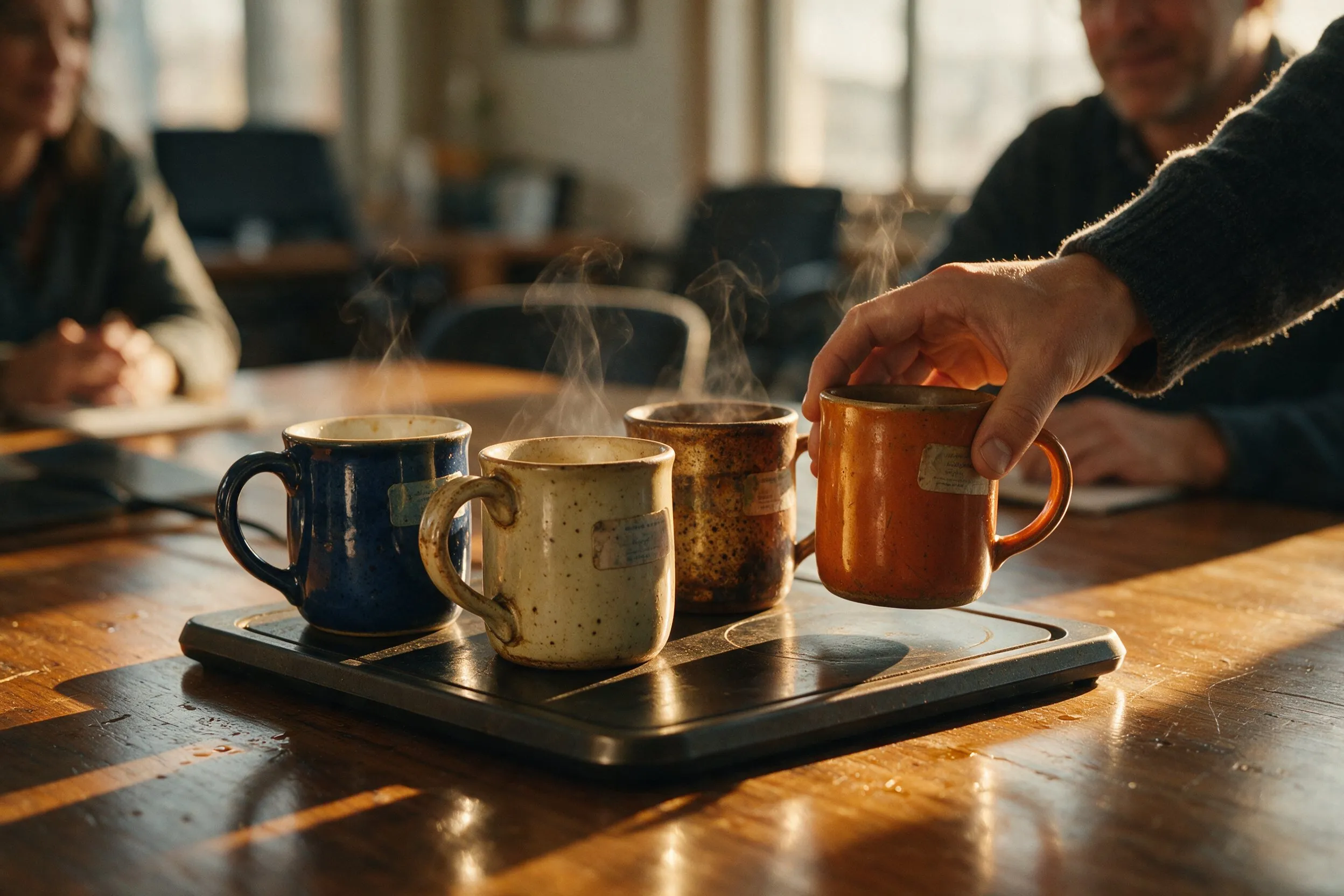 A hand adds a fourth steaming mug to three others clustered on one warming tray in a sunlit meeting room.