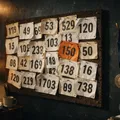 A corkboard crowded with pinned race bibs, one orange, beside a single finisher's medal hanging on a brass hook.