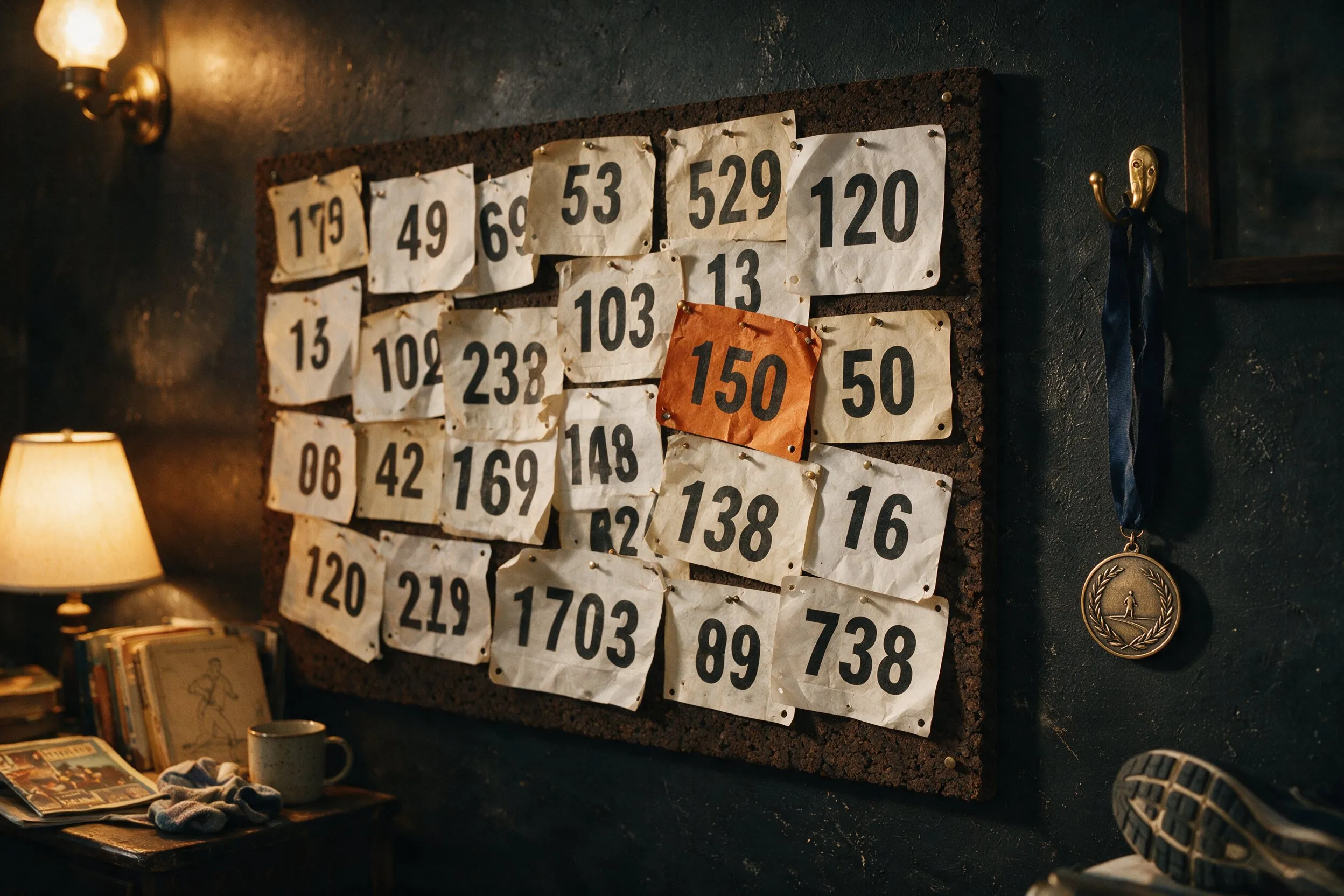 A corkboard crowded with pinned race bibs, one orange, beside a single finisher's medal hanging on a brass hook.