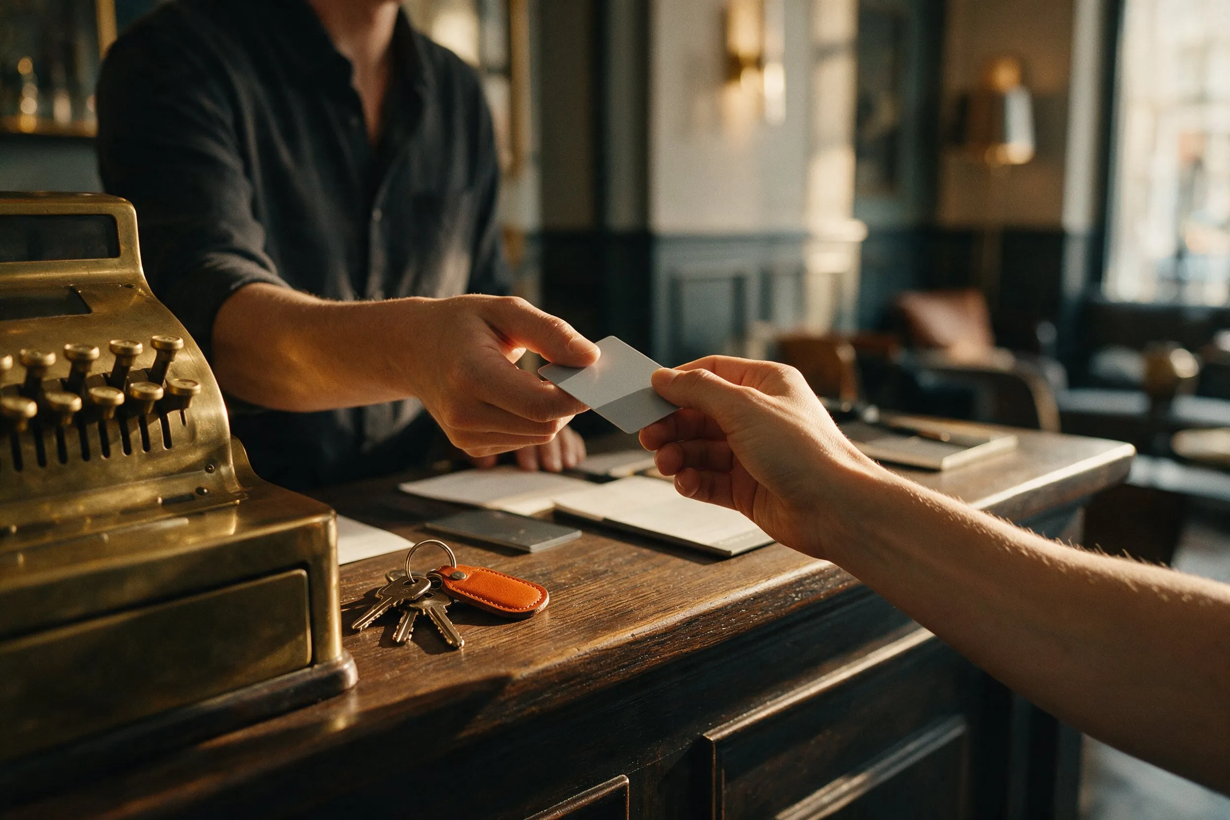 At a warm hotel front desk, a guest accepts a thin keycard while their own heavy house keys rest on the counter.