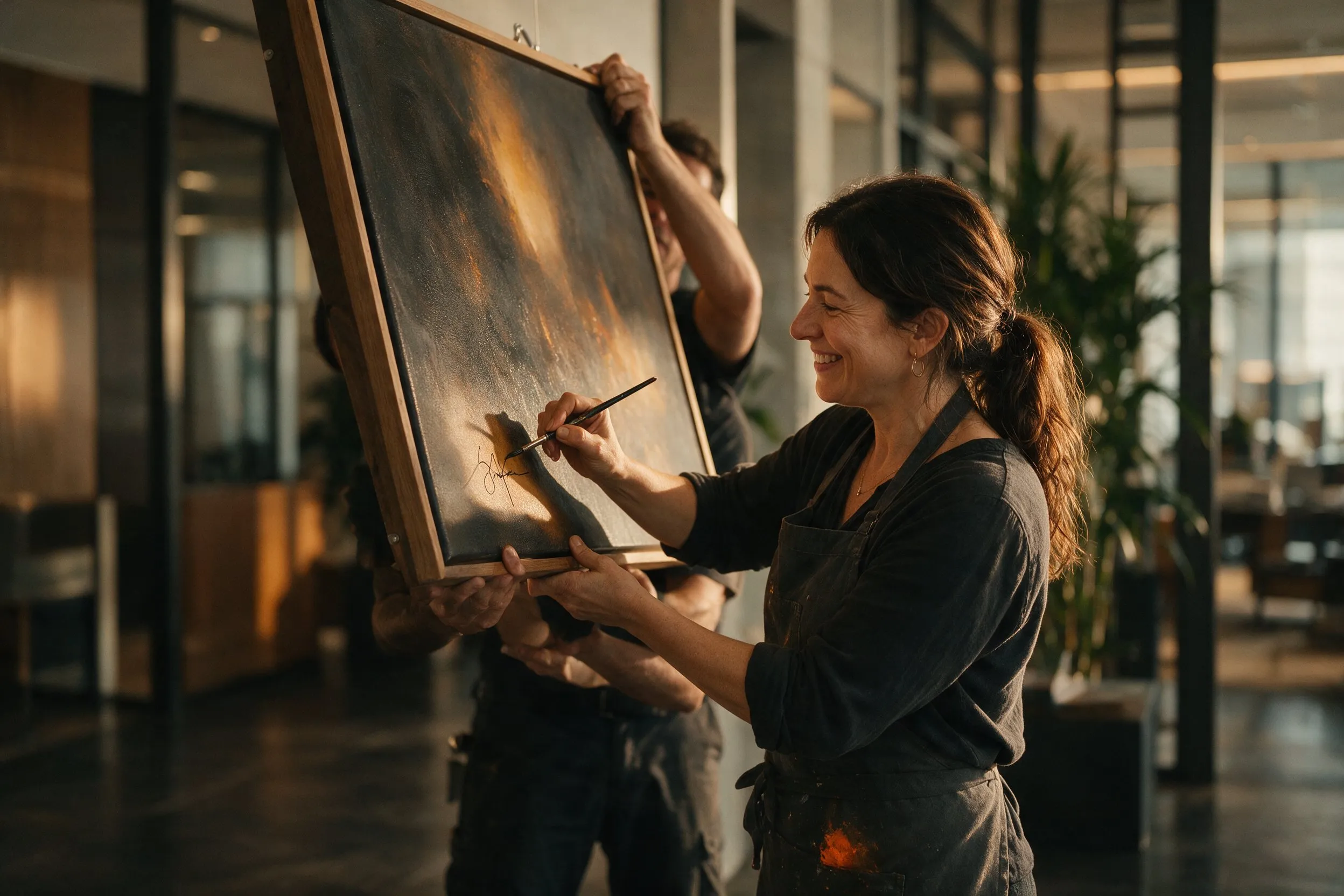 An artist signs the corner of a large canvas while a crew member steadies the frame in a warm office lobby.