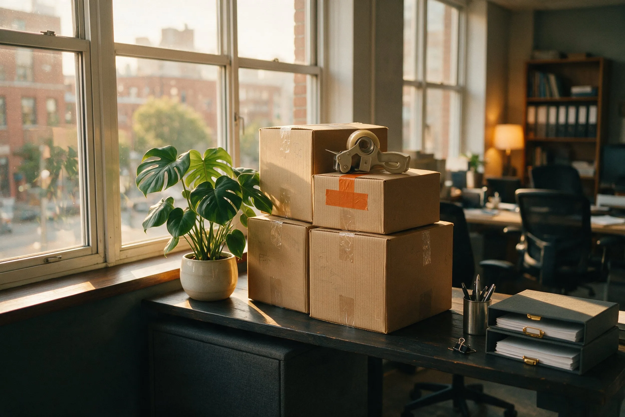 Sealed moving boxes and a tape gun by a bright office window, while one healthy potted plant stays behind on the desk.