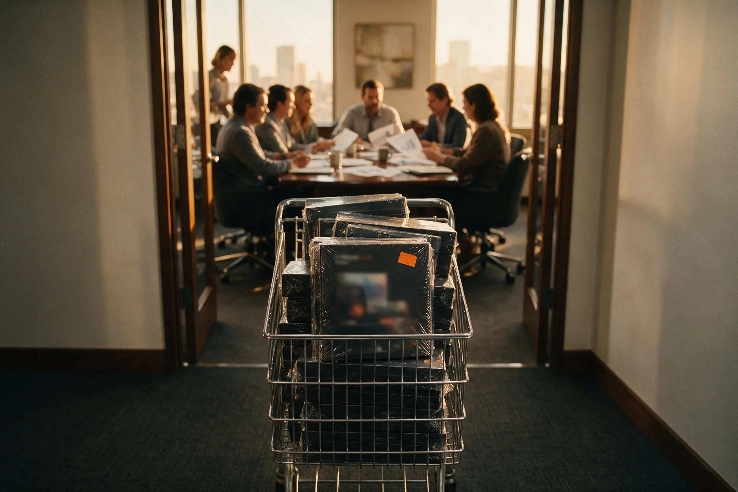 A cart stacked with shrink-wrapped software boxes sits abandoned outside a meeting room where a team talks over printed financials.