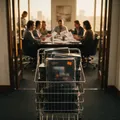 A cart stacked with shrink-wrapped software boxes sits abandoned outside a meeting room where a team talks over printed financials.