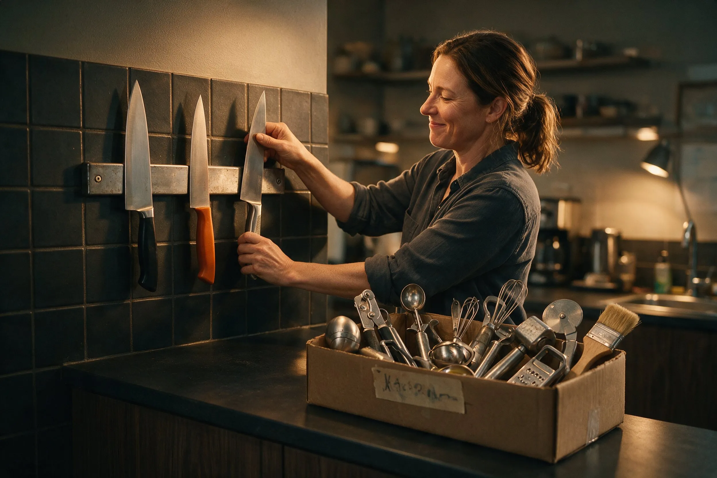 A woman mounts the last of three good knives onto a magnetic strip beside a box heaped with single-purpose gadgets.