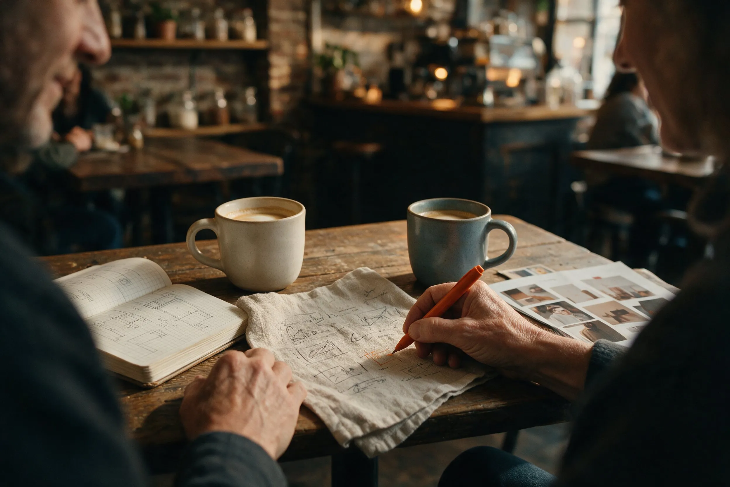 Two coffee mugs face each other across a cafe table while a hand adds a line to a shared sketch on a napkin.