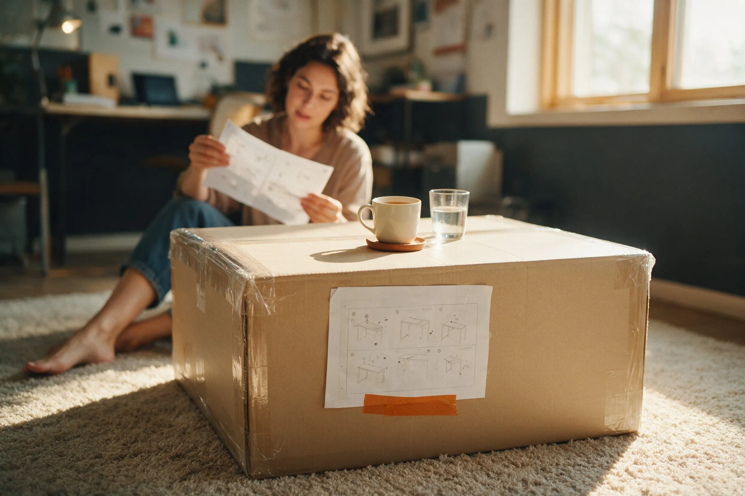 A woman reads the instruction sheet beside a still-sealed flat-pack box doubling as a coffee table.