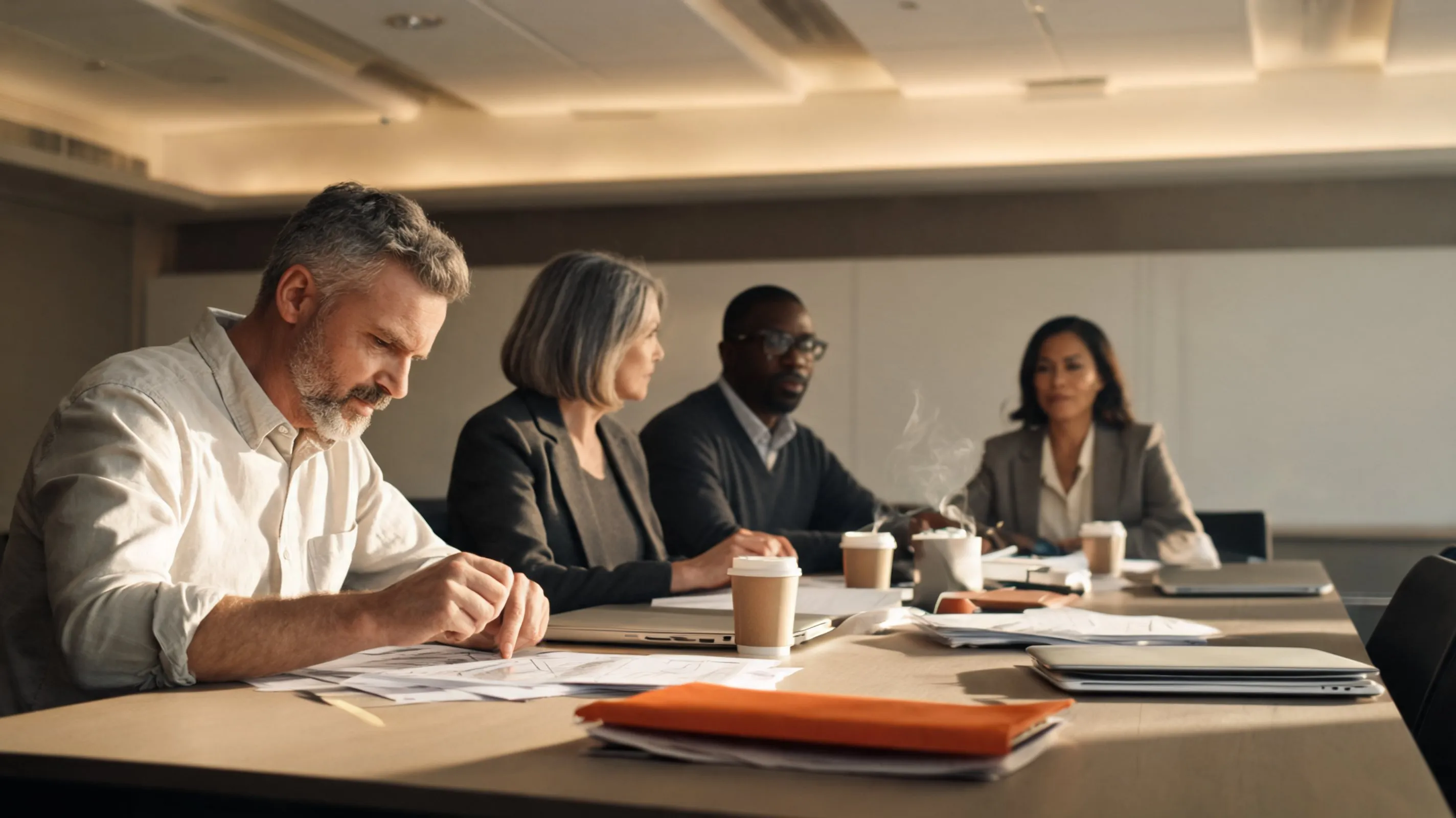A team working down a long table in warm light, coffee steaming and printed work between them.