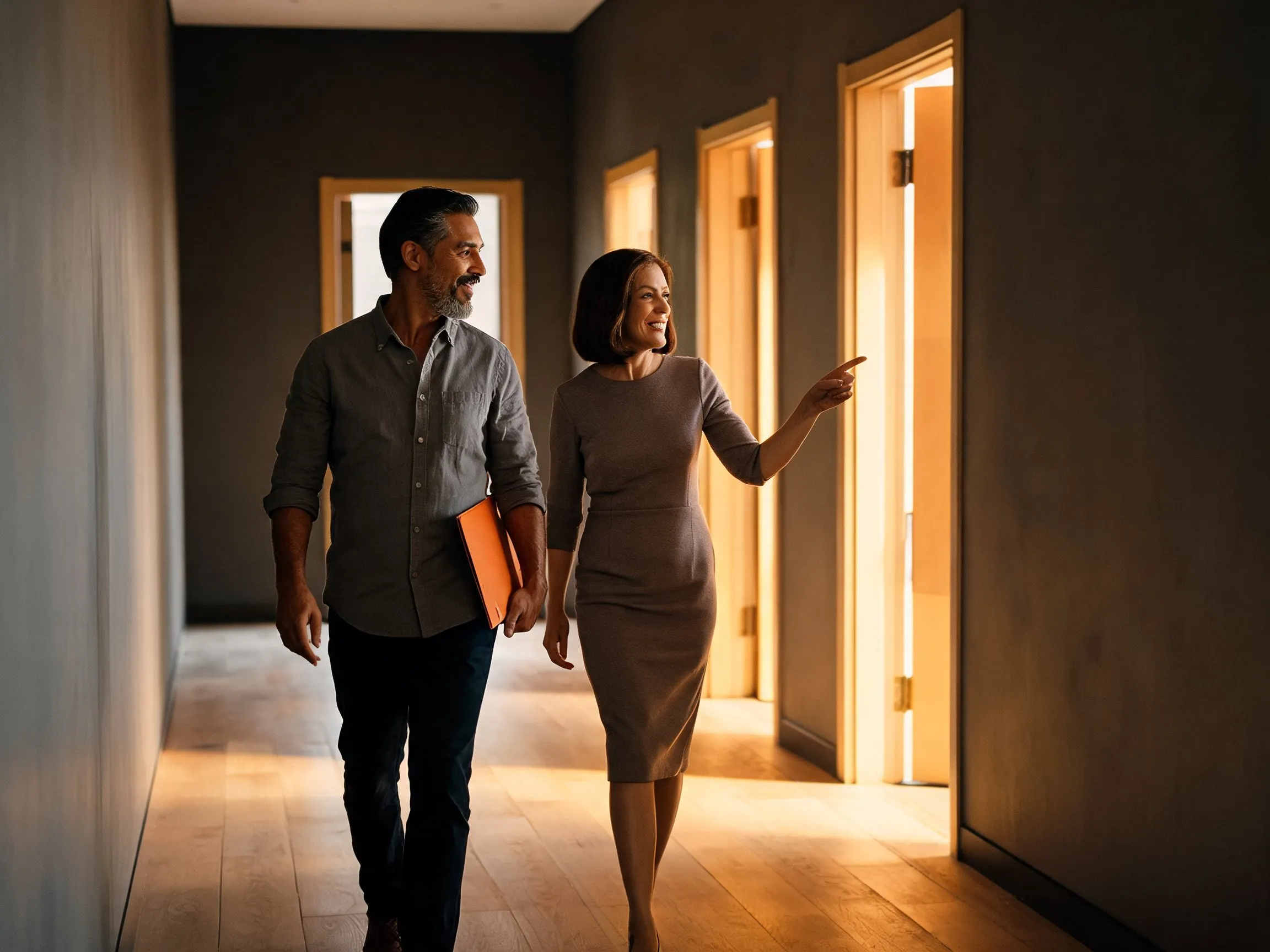 A host walking a visitor down a warm corridor, pointing toward the right meeting room.