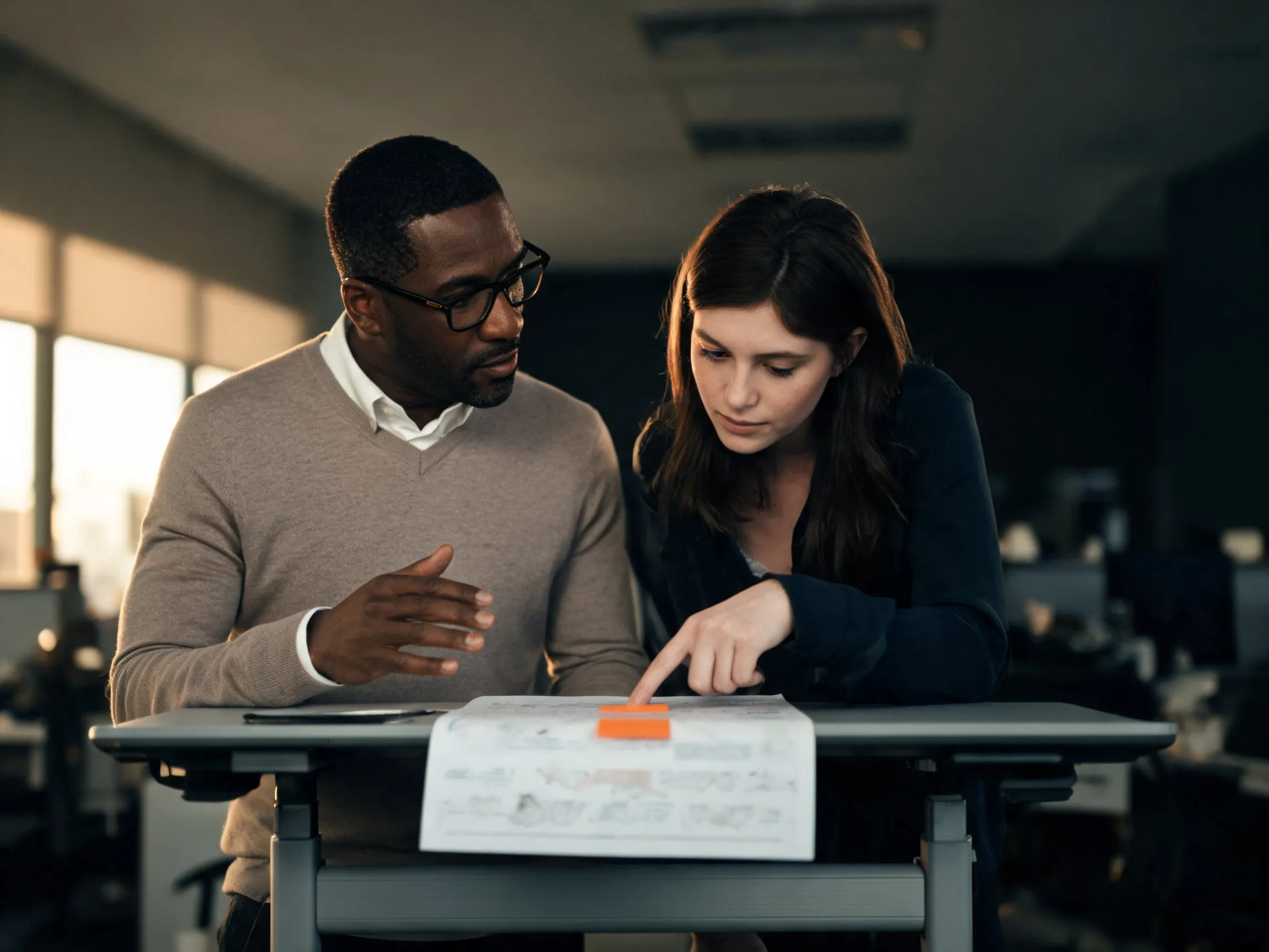 Two colleagues working through a printed system map together at a standing desk.